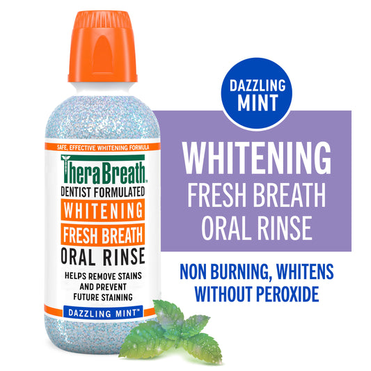 A sparkling bottle of TheraBreath whitening fresh breath in Dazzling Mint flavor that is non burning, whitens without peroxide