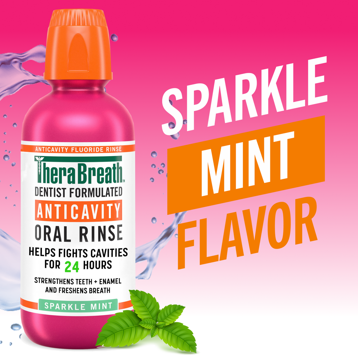 A pink bottle of TheraBreath Anticavity Oral Rinse in Sparkle Mint with a splash of water in the background