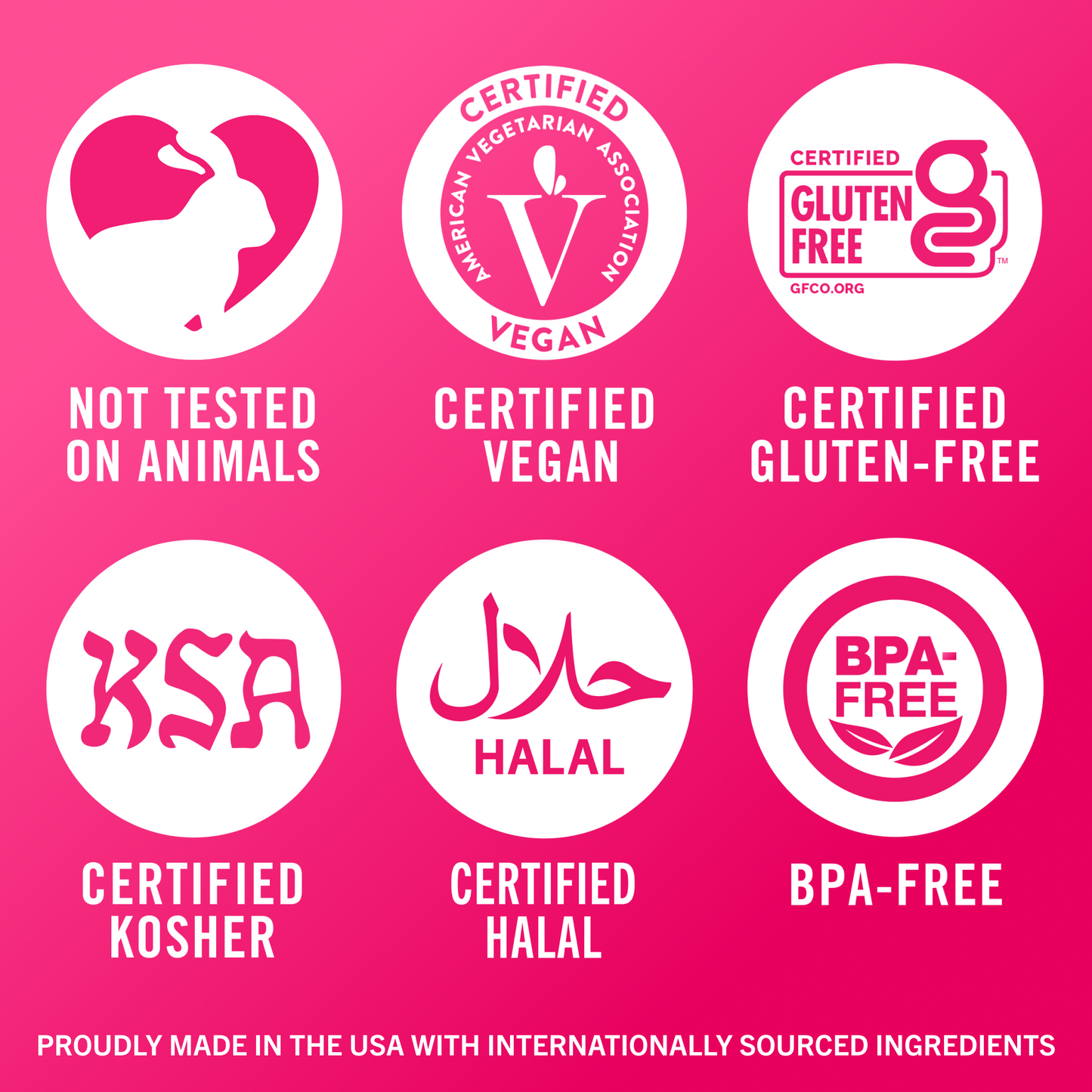 TheraBreath facts with certification logos: Not Tested on Animals; Certified Vegan, Gluten-Free (GFCO.com), and Kosher; and BPA free. Proudly Made in the USA (with internationally sourced ingredients).