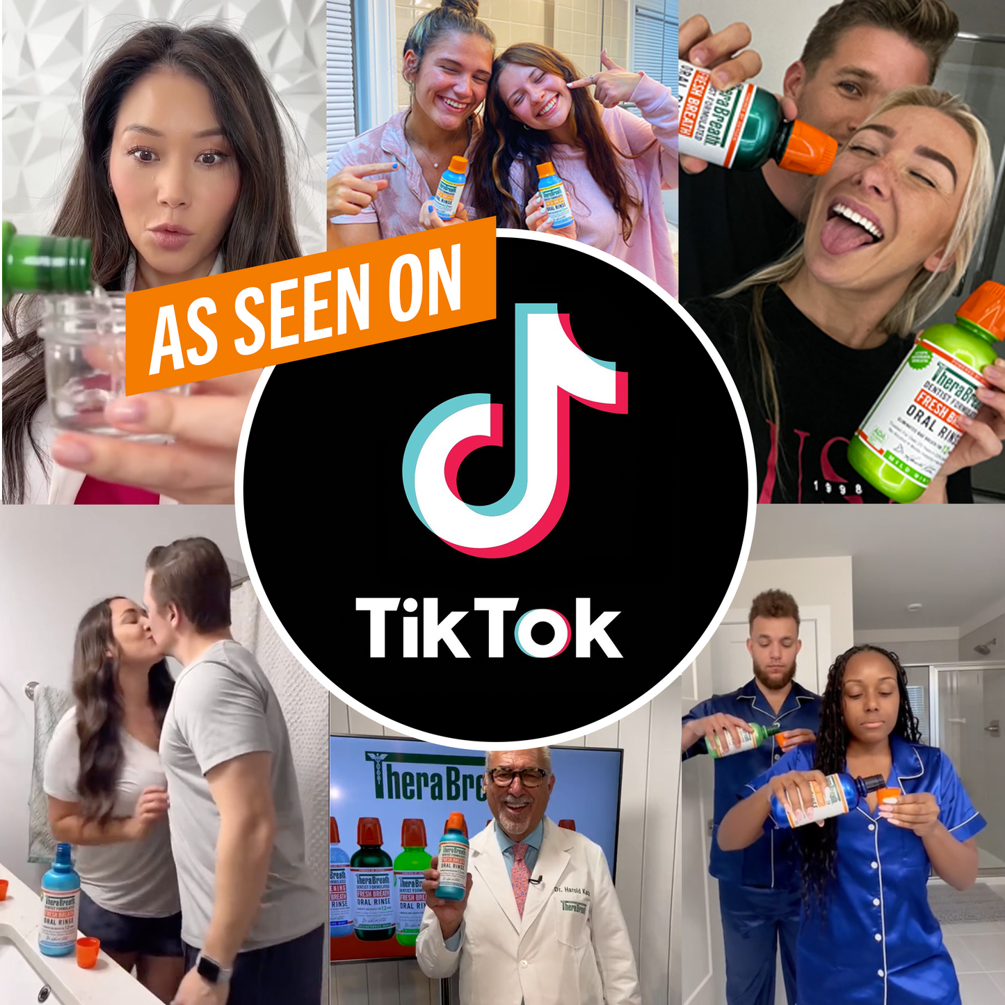 "As seen on TikTok," surrounded by individuals and couples clearly enjoying using TheraBreath Oral Rinses