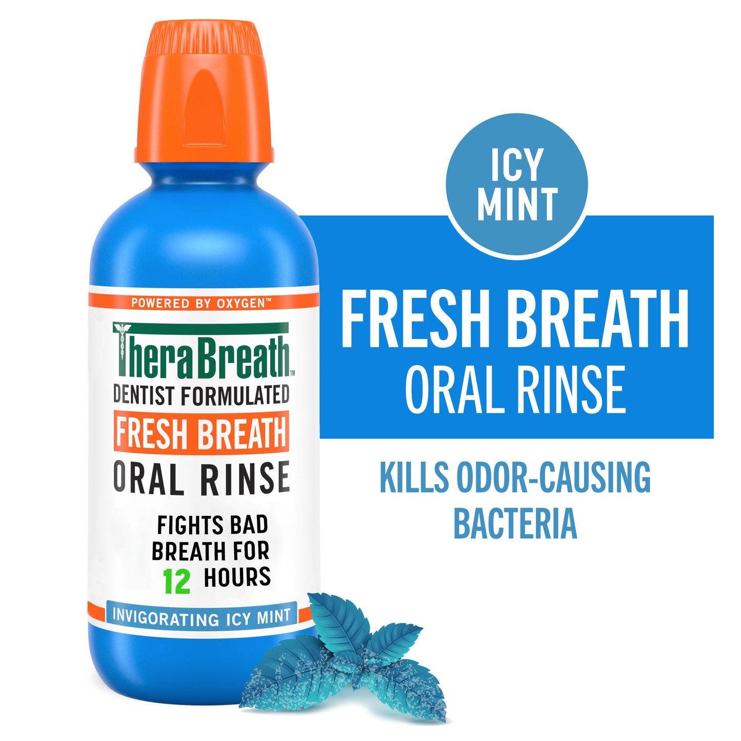 A bold blue bottle of TheraBreath Fresh Breath Oral Rinse Rainforest Mint that kills odor-causing bacteria on a white background.