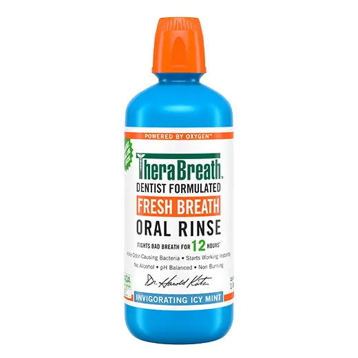 1-liter blue bottle of TheraBreath Fresh Breath Oral Rinse in Invigorating Icy Mint